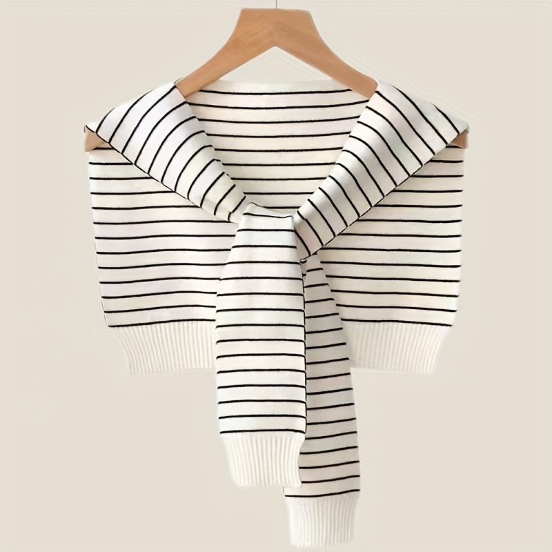 1pc elegant knitted striped scarf shawl black white   200g m polyester elastic windproof   hand washable versatile for   unisex for men women