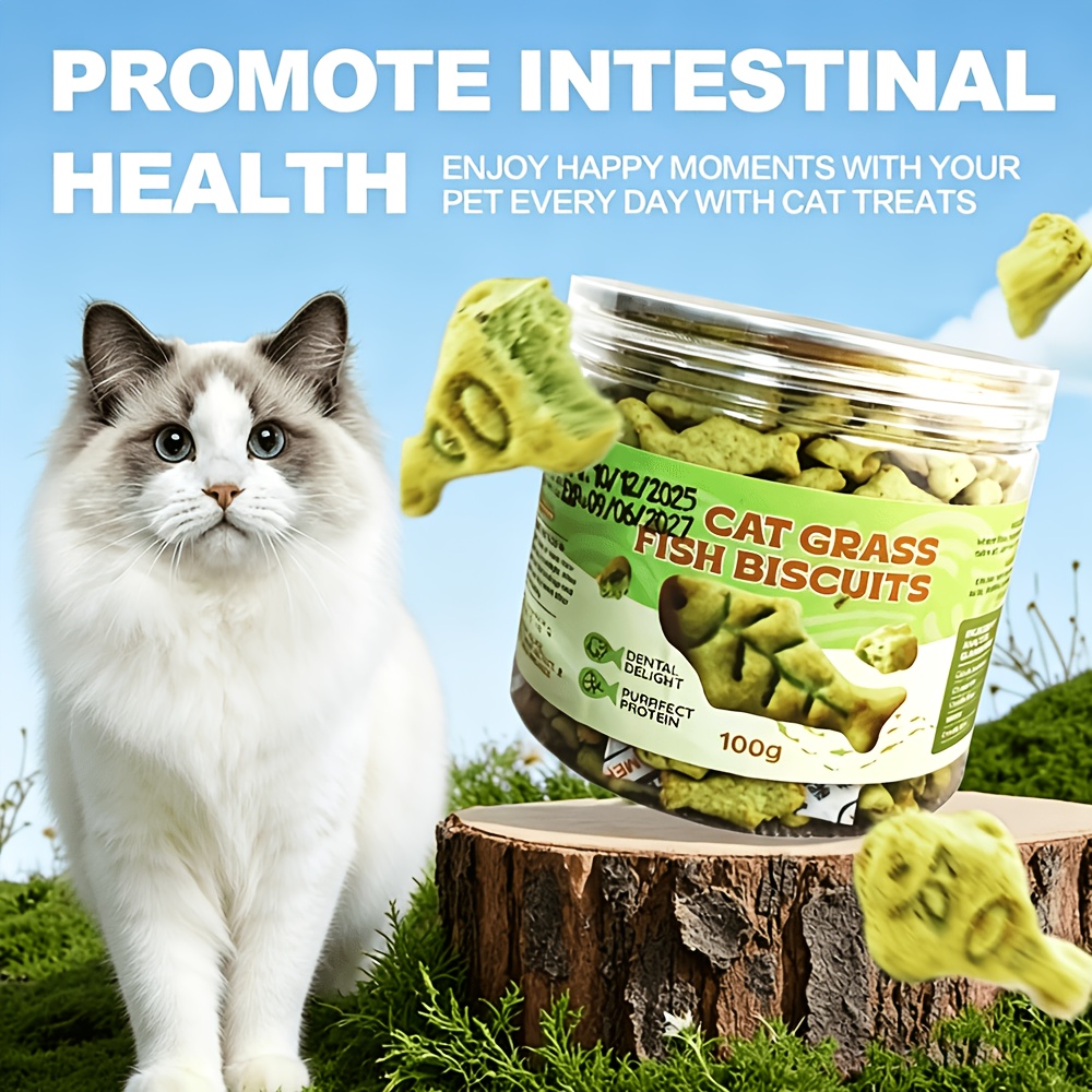 TEMU Ccs Cat Grass & Fish Oil Biscuits For Cats, 2 Packs, Crispy Cat Treats, Support Natural Hair Passage, Dental Chews For Gum & Teeth Care, Snacks