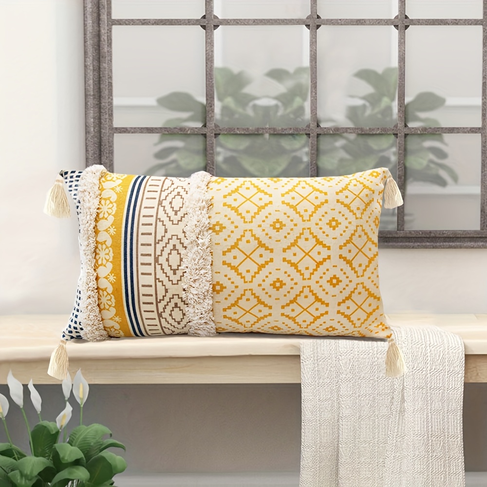 Lumber Boho Throw Pillow Cover For Couch Sofa - Hand- Tufted Moroccan Decorative Pillowcase With Tassels For Room Bedroom