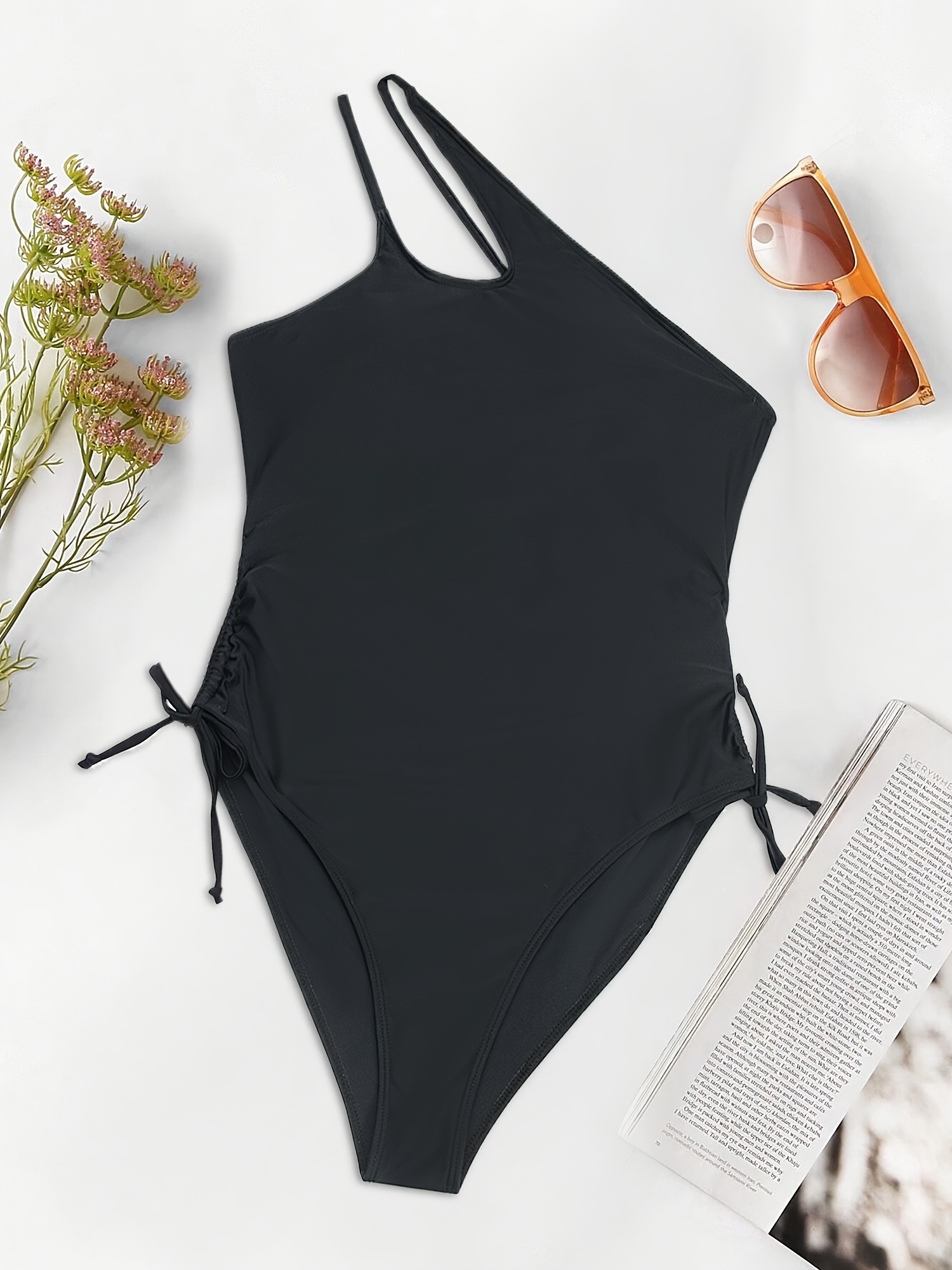 Tie Side Solid Black Swimsuit V Neck Elegant - Temu
