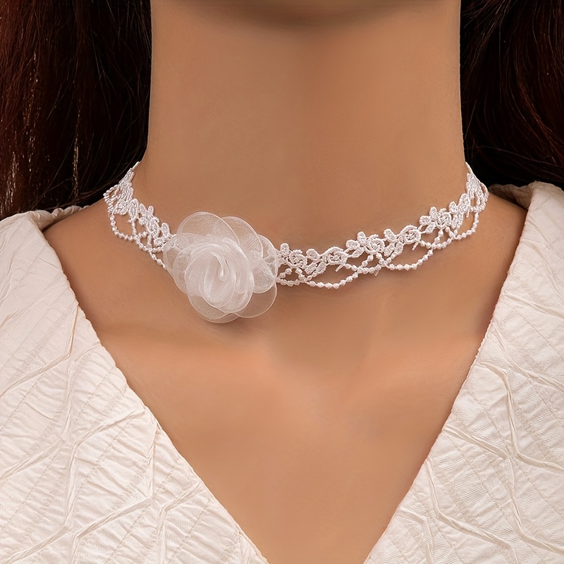 TEMU 1pc Elegant Vintage White Lace Necklace With Mesh Flower, White Polyester Fiber Lace Women's Collarbone Chain, Suitable For Parties And