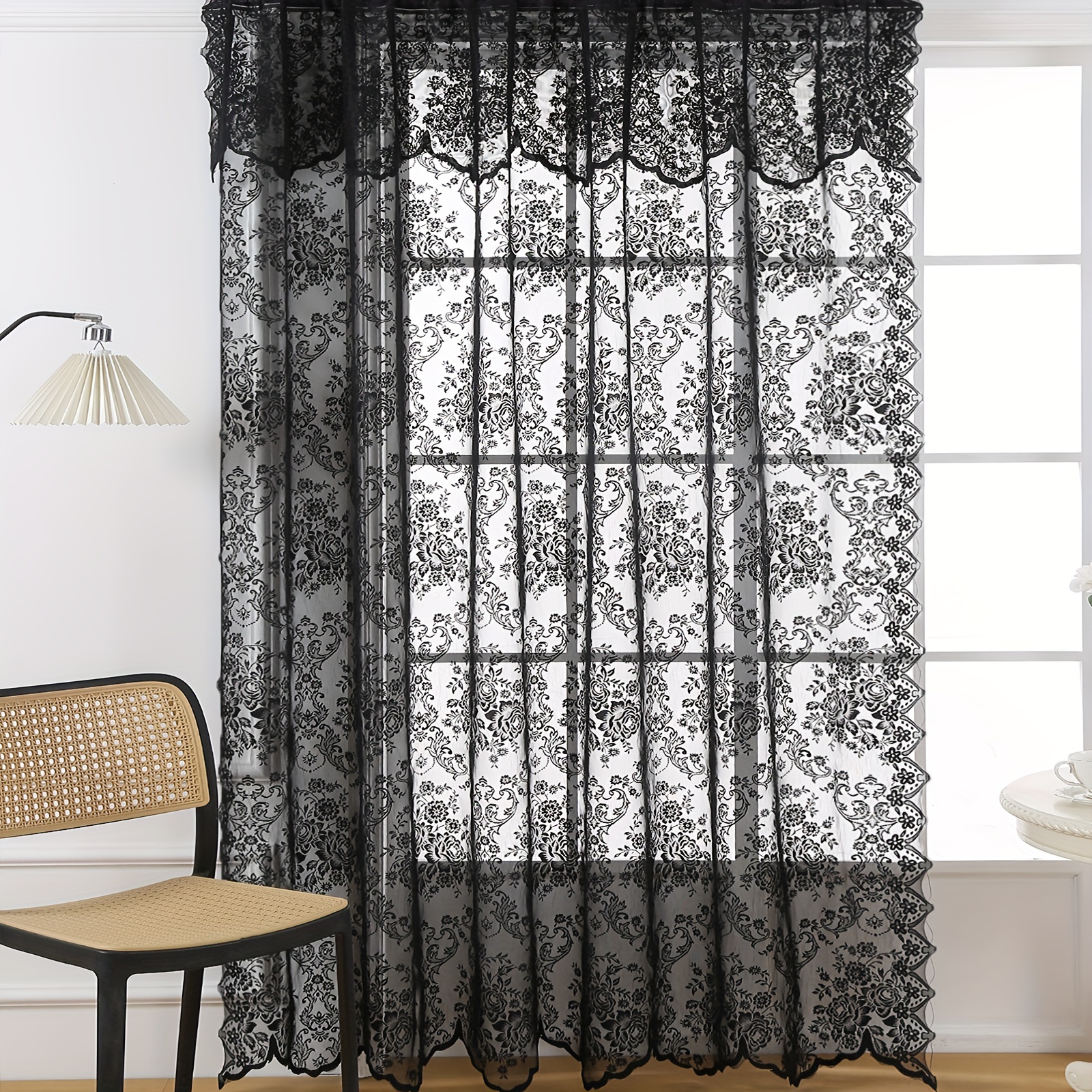 

2pcs French Country Style Black Sheer Lace Curtain Panels, Vintage Floral Window Drapes For Living Room Bedroom Balcony - 55x78 Inches, Home Decor