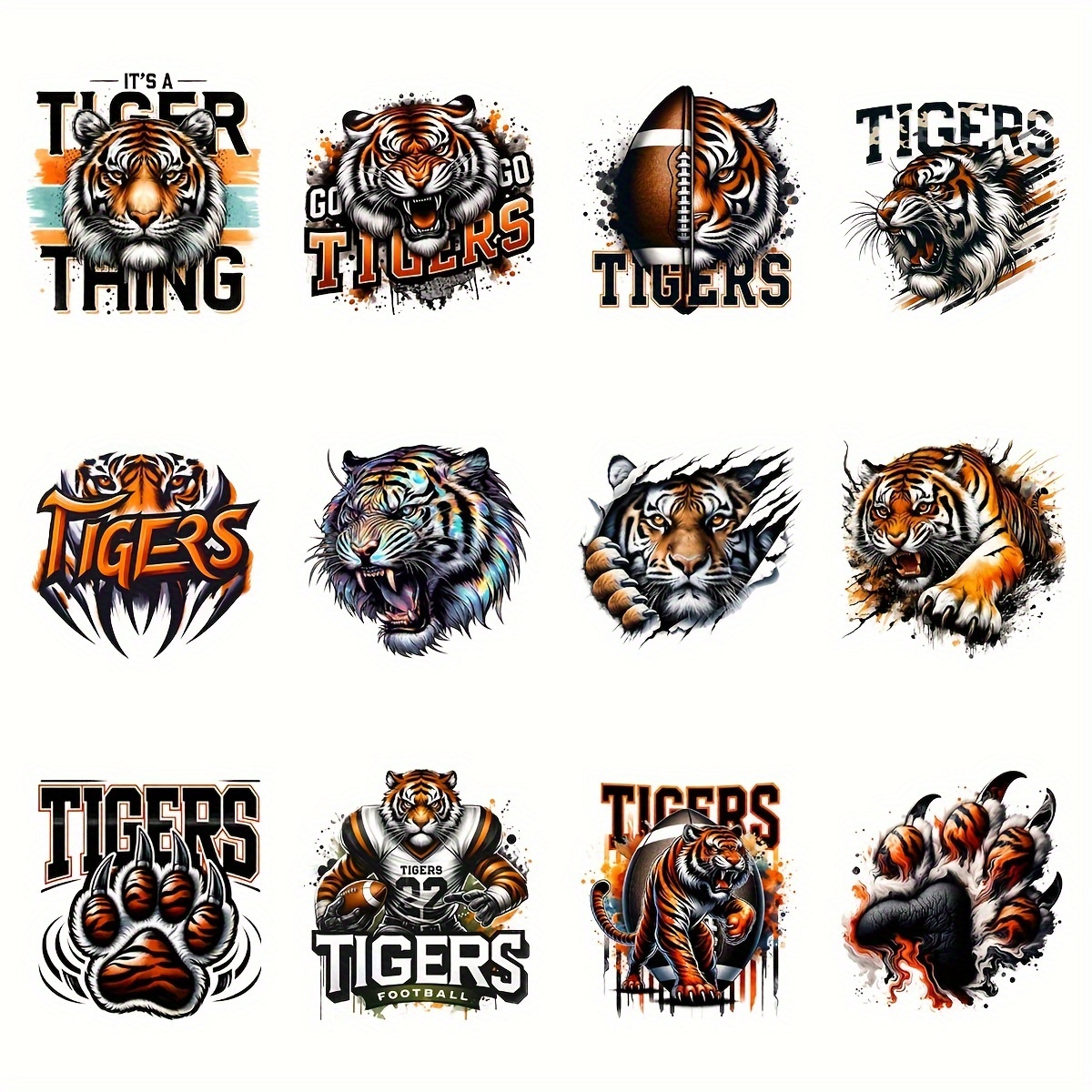 

12-pack Cool Roaring Tiger Graphic Iron-on Transfer Stickers, Diy Vinyl Heat Transfer Decals For T-shirts, Jackets, Jeans, Hoodies - Multicolor Tiger Claw Vinyl Patches