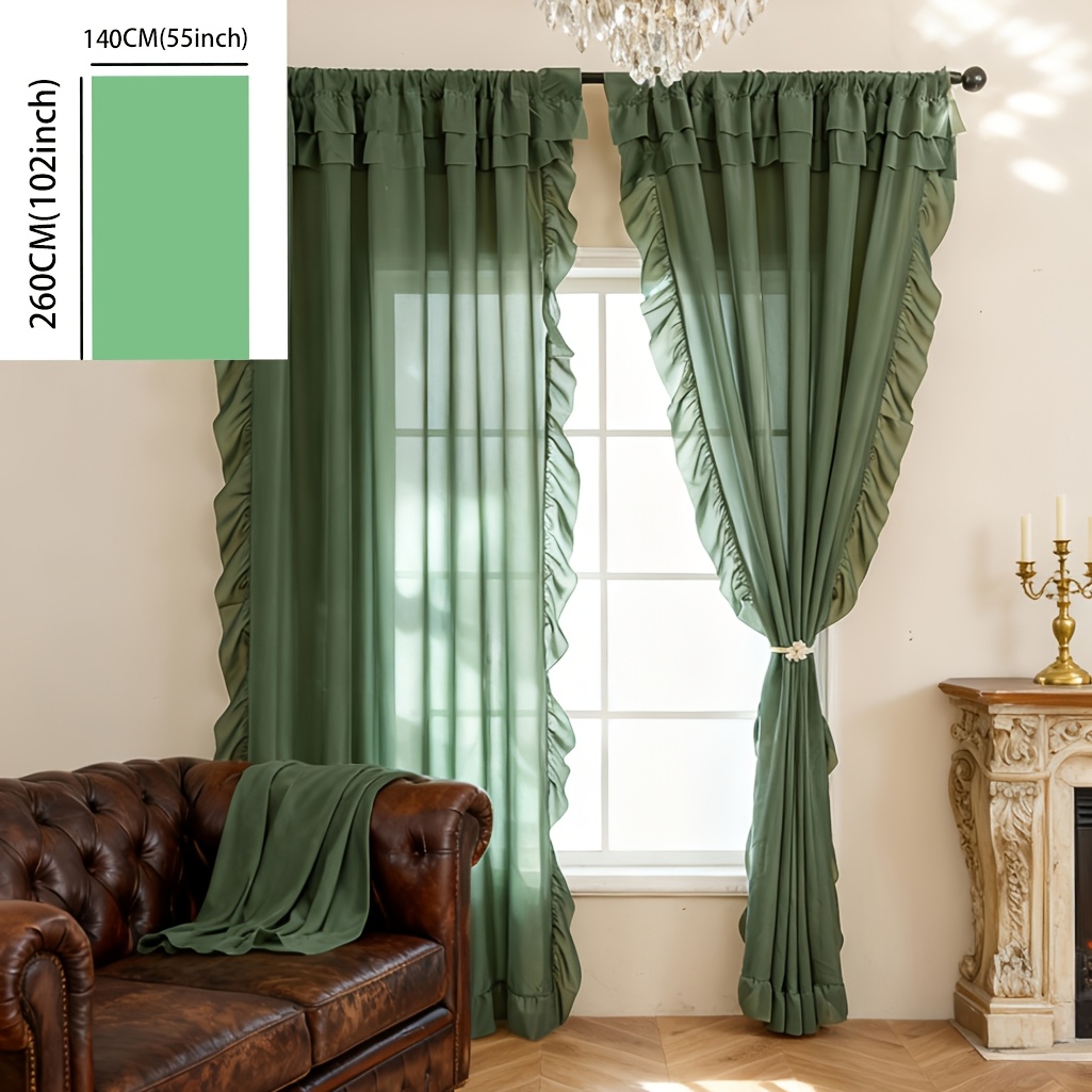 E-shop Französischer Landhausstil Grüne Dicke -Gaze mit Rüschen, Traumhafte Unifarben Vorhänge