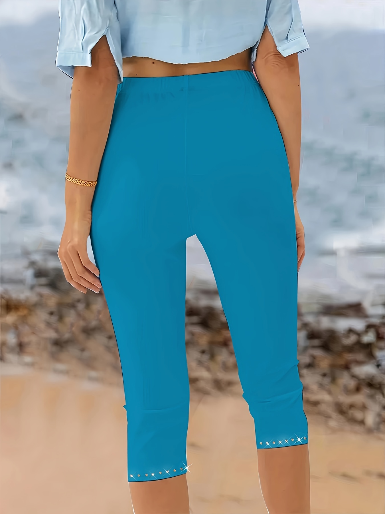 Plus Size Rhinestone Decor Capri Leggings, Casual High Waist Stretchy Leggings For Spring & Summer, Women's Plus Size Clothing
