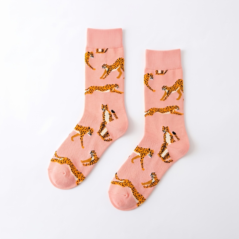 TEMU 1 Pair Unisex Pink Leopard Print Ribbed Socks Polyester Breathable Fun Cute Mid-calf Socks Suitable For Daily Casual Wear