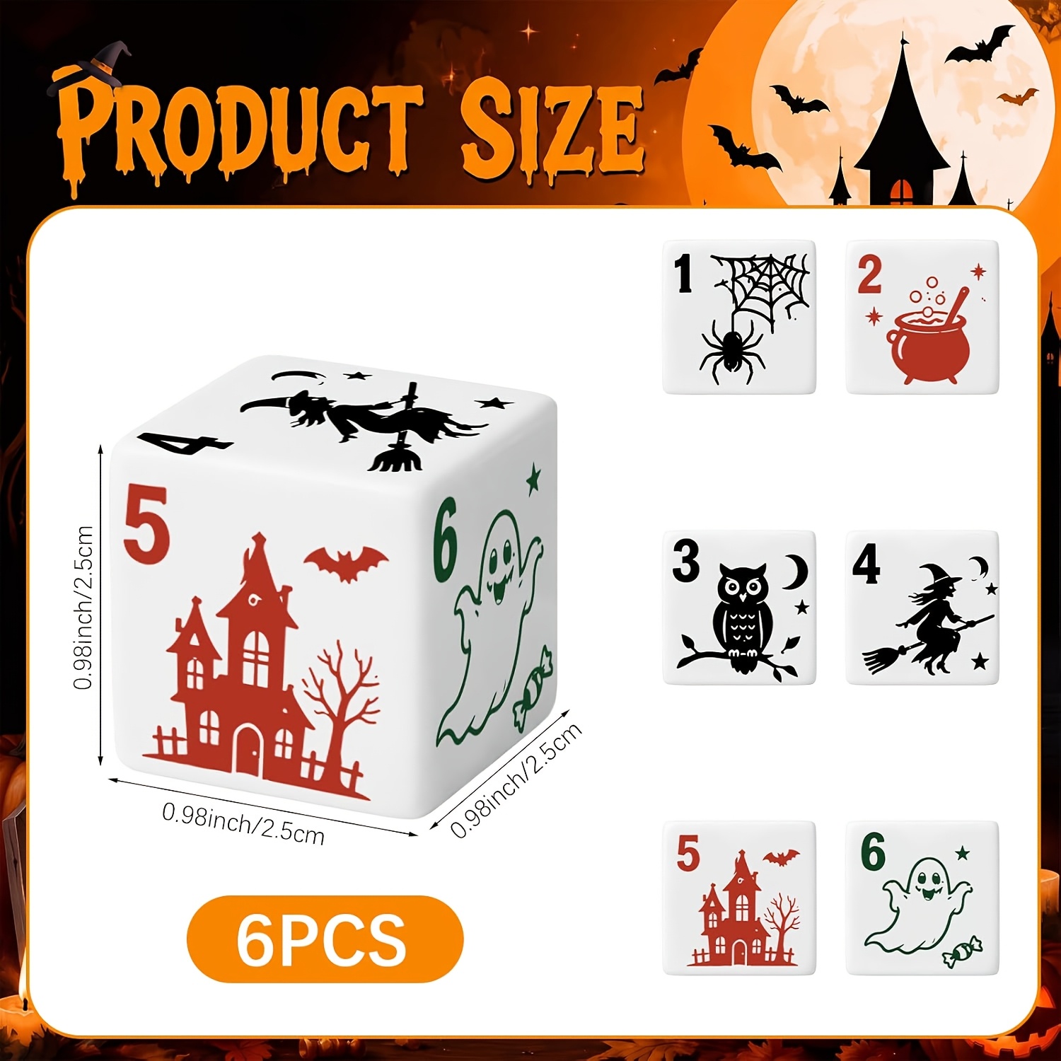 6pcs Halloween Patterned Game Dice, Right-Angle Design