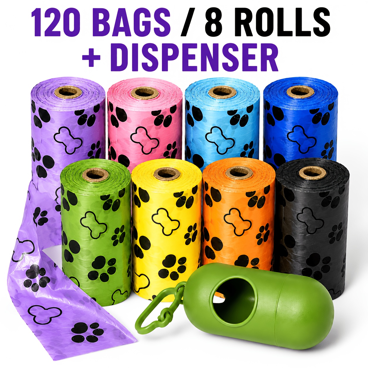 TEMU 120-pack Dog Poop Bags With Dispenser, Of Paw Print And Bone Pattern Pet Poop Bags, Thickened And Easy-tear Bags, Suitable For Daily , Travel,