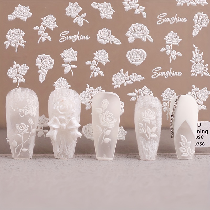 6d Carved Lace Art Nail Stickers - Self-adhesive Floral Designs For Men And Women - Embossed Rose Nail Stickers, White Rose Decals For Elegant Nail Art Decorations