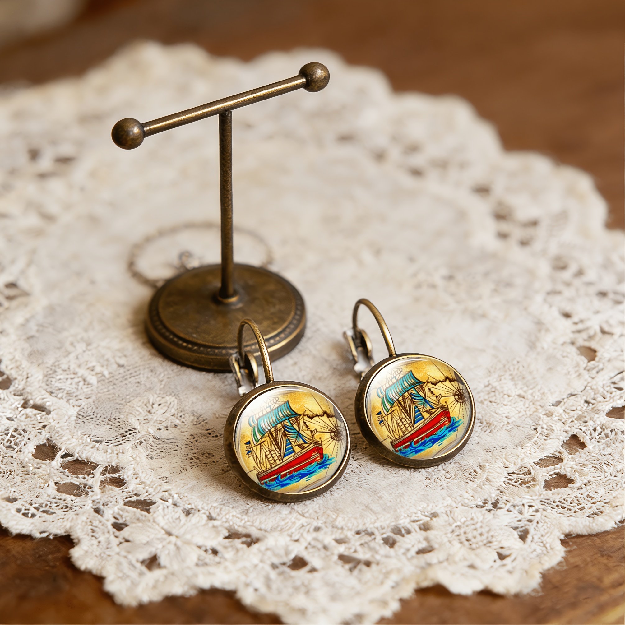 2pc Antique Cyan Round Classical Earrings Set, Sailboat Design