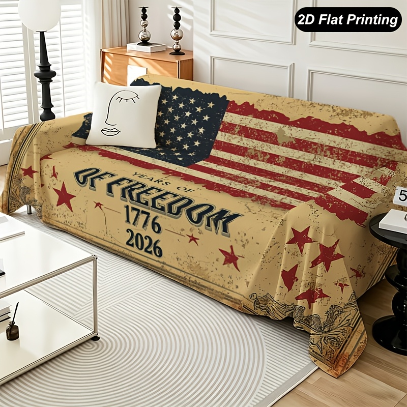 TEMU 1pc 2d Flat Printed Sofa Towel, Vintage Patriotic Usa Anniversary Suitable For , This Multi- Cover Is Perfect For Decorating Single To