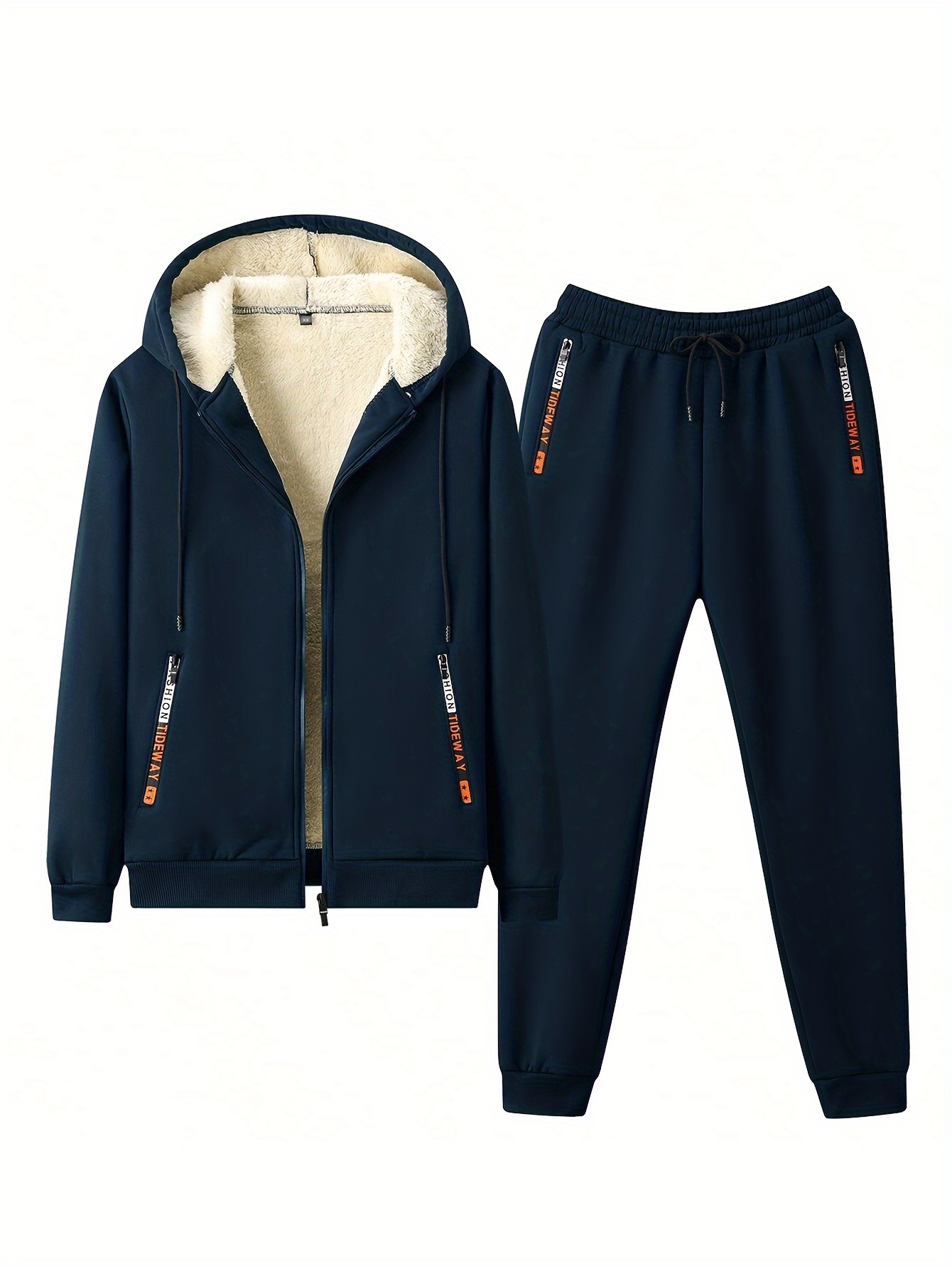 classic mens athletic 2pcs fleece lined tracksuit set casual