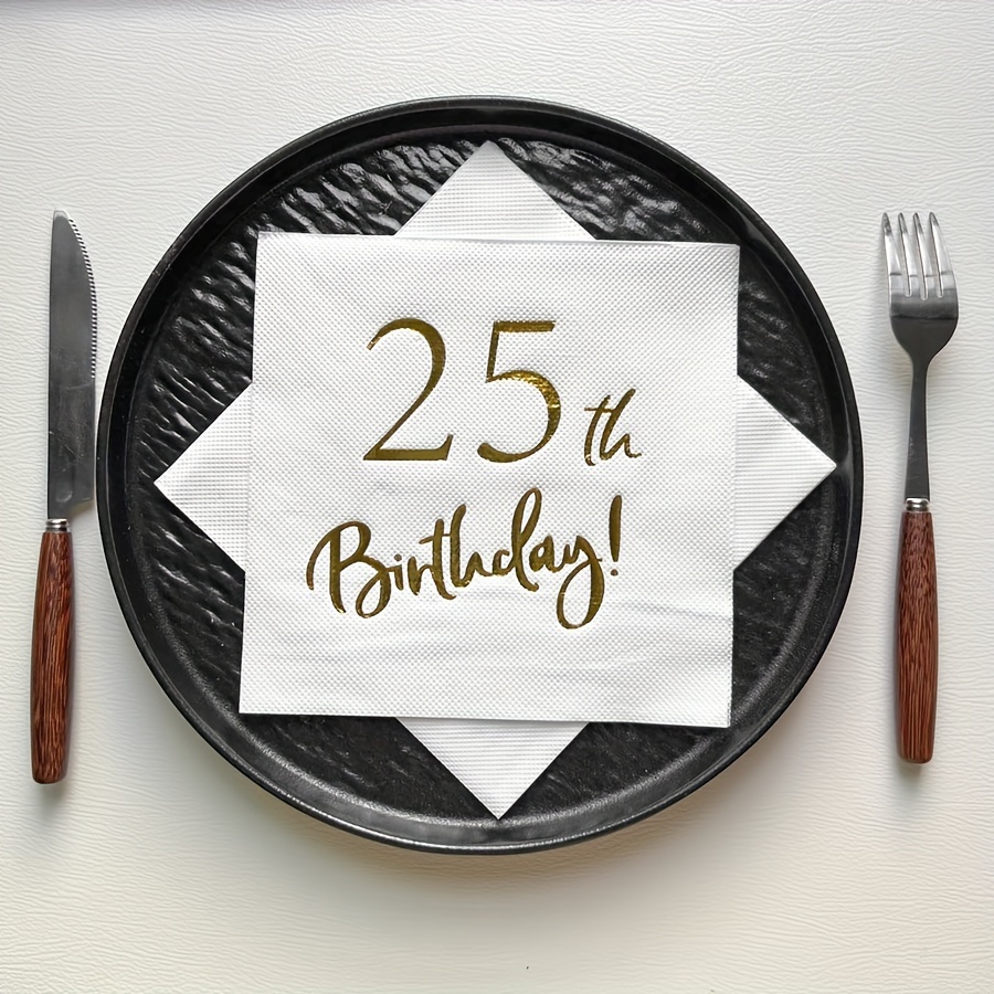 E-shop 20 Stück Elegante 25. Geburtstagsparty-Servietten, Goldfolie "25" Design auf Weiß, Doppellagige Einweg-Papiertücher, 6,5x6,5 Zoll - Ideal für