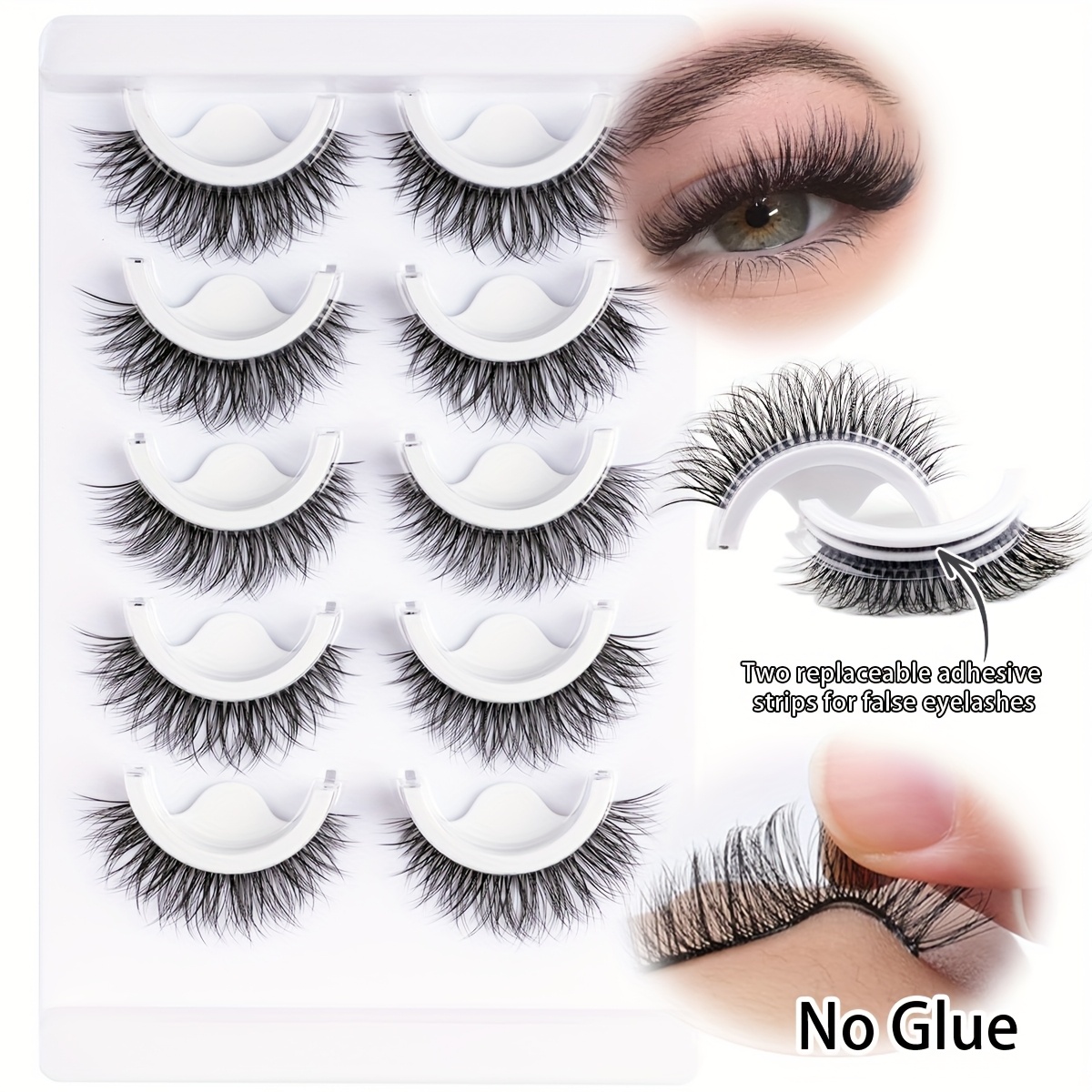 Image of 5pcs/5pairs Self-adhesive Reusable False Eyelash Extensions Suitable For - No Glue/ & Remove, Cat Eye, Volume/look Dense Lashes, For Beginners, Daily Wear Or , Cost- Lashes