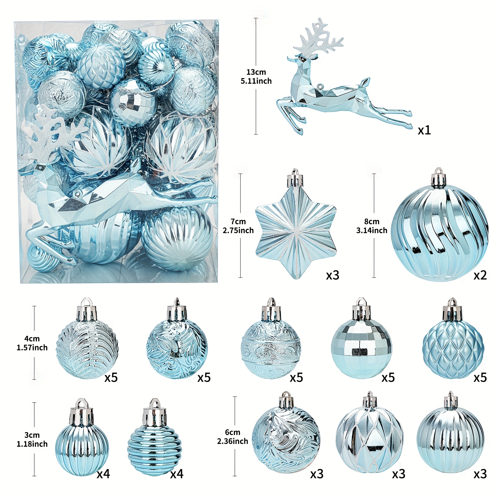 TEMU Ensemble de 48 décorations de sapin de Noël incassables (1.18"-5.11"), boules décoratives assorties de tailles différentes avec pendentifs d' de