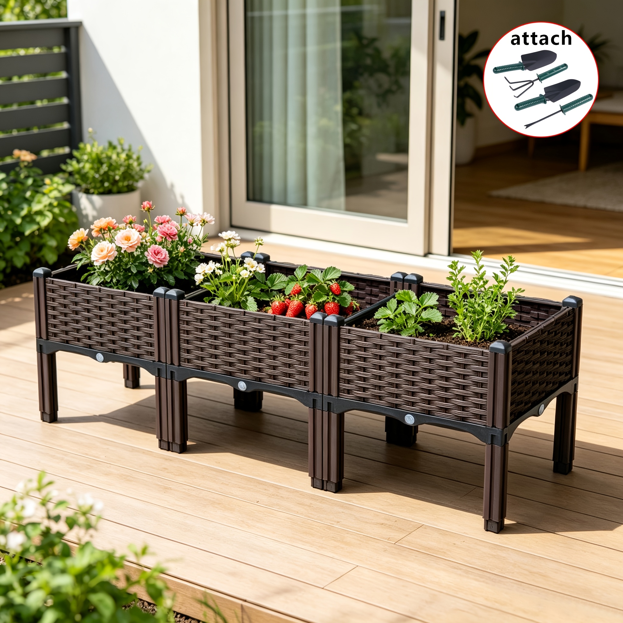 TEMU Raised Garden Bed 3pcs, With Gardening Tool Set, 120x40x37cm, Elevated Planter Box, Sturdy, Vegetable Flowers Planting Raised Container, For