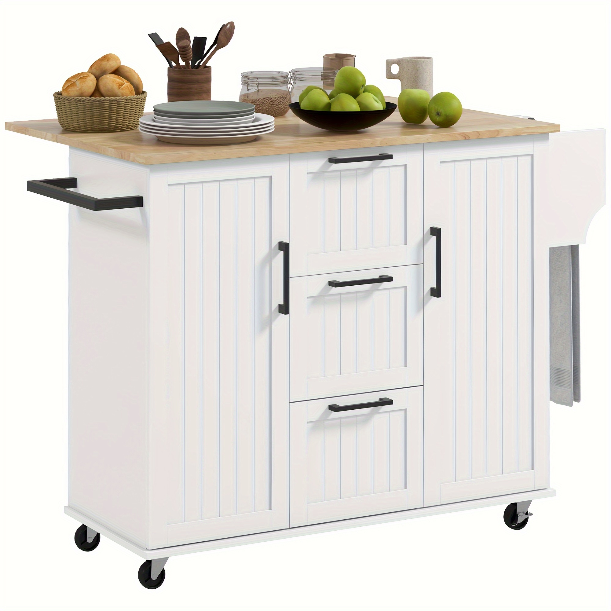 

Kitchen Island With Drop Leaf, Rolling Kitchen Cart On Wheels With 3 Drawers, 2 Cabinets, Natural Wood Top, Spice Rack And Towel Rack, White