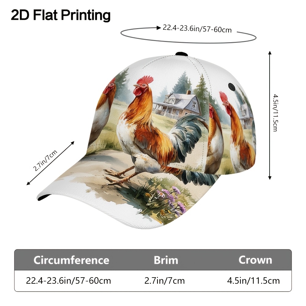 TEMU 1pc 2d Flat Printing Rustic Chickens Baseball Cap - Fashionable Adjustable Duckbill Hat, Lightweight Design, Great For Everyday Use, Ideal For