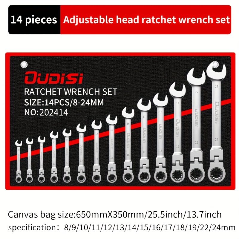 TEMU 6-14pcs Professional Adjustable Ratchet Wrench Set With Storage Bag -6-24mm Durable Telescopic Head Socket Wrench Set, Suitable For Automobile,