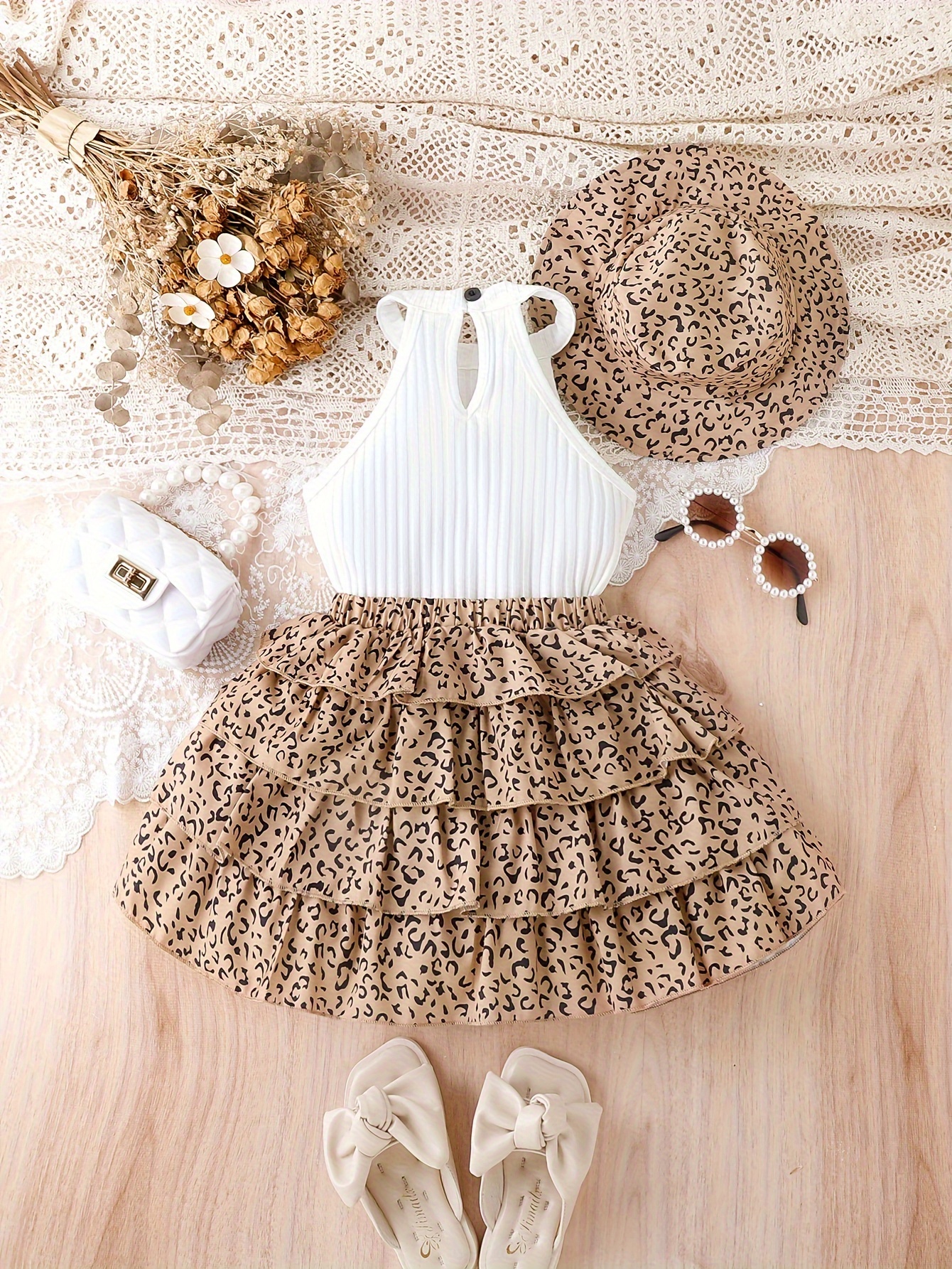Girls' 3pcs Vintage Leopard Print Outfit Set - Sleeveless Cotton Blend Bandeau Top, Tiered Skirt, and Matching Hat - Casual Summer Wear for Kids with Frill Details