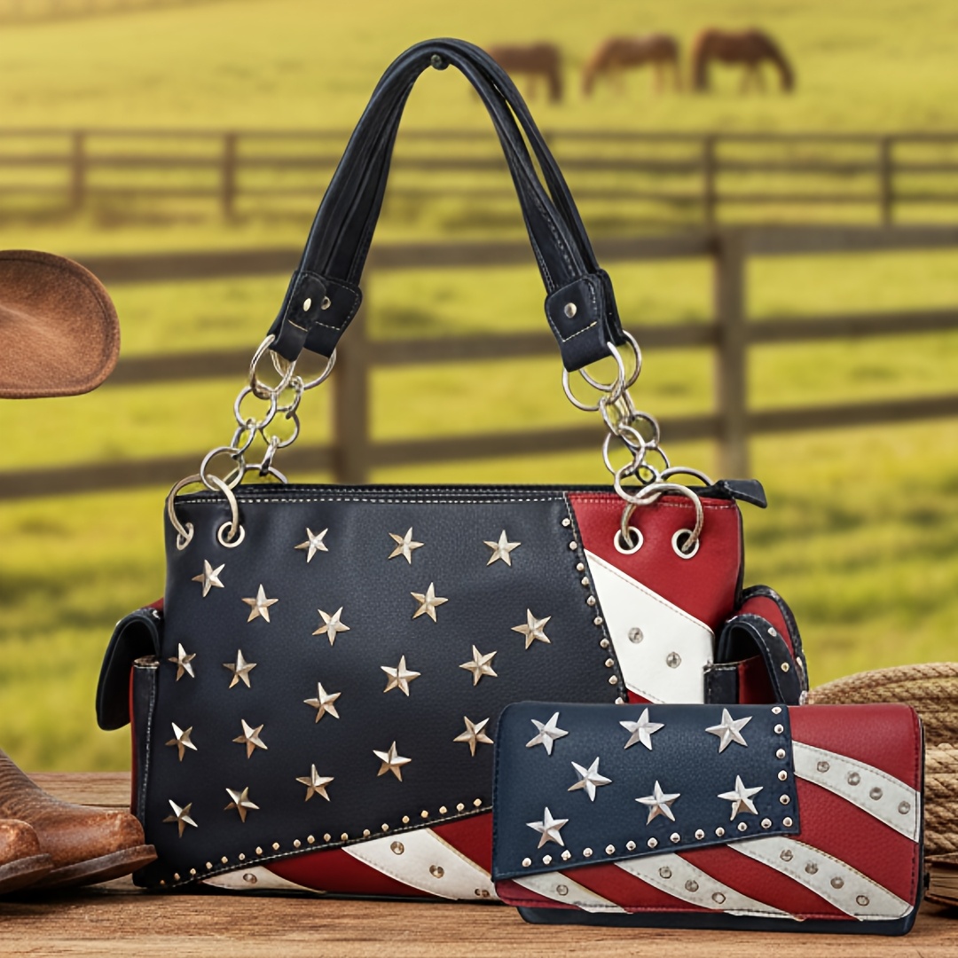 Temu – TEMU Set Of Wallets And Handbags For Women Featuring Rhinestones With The Stars And Stripes Of Flag