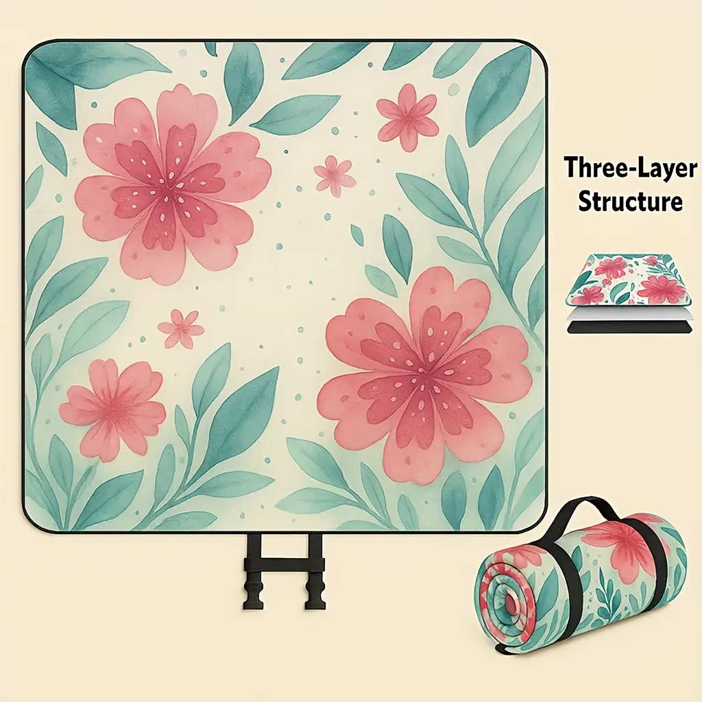 Image of Picnic Blanket For Outdoor Use - Extra Large Foldable Mat With Carry Strap - Soft Padded 3 Layer Design - Colorful Floral And Fruit Print For Camping Travel - 78x78 Inches