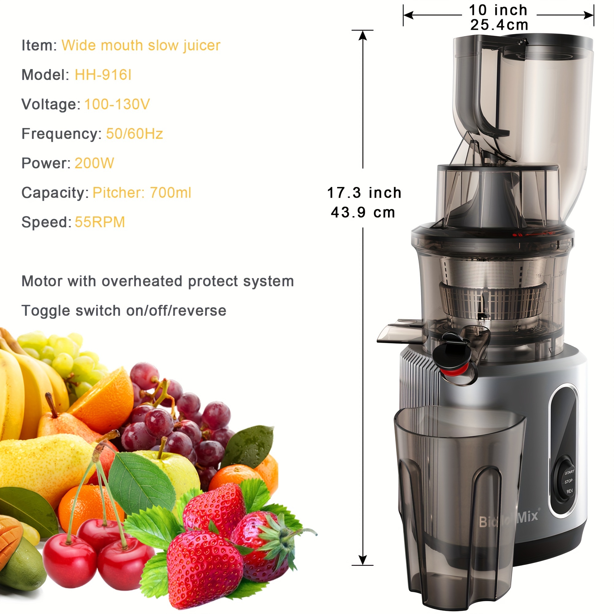 wide chute slow masticating juicer bpa free cold press juicer blender fit whole fruit and vegetable details 6