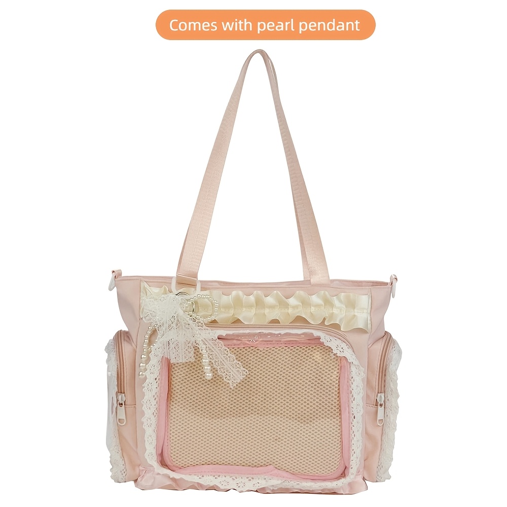 TEMU Women' Kawaii Ita Bag With Clear Display Window, 1 Bag With 1 Pendant, Nylon Lace Shoulder Bag, Large Capacity Crossbody Bag With Adjustable