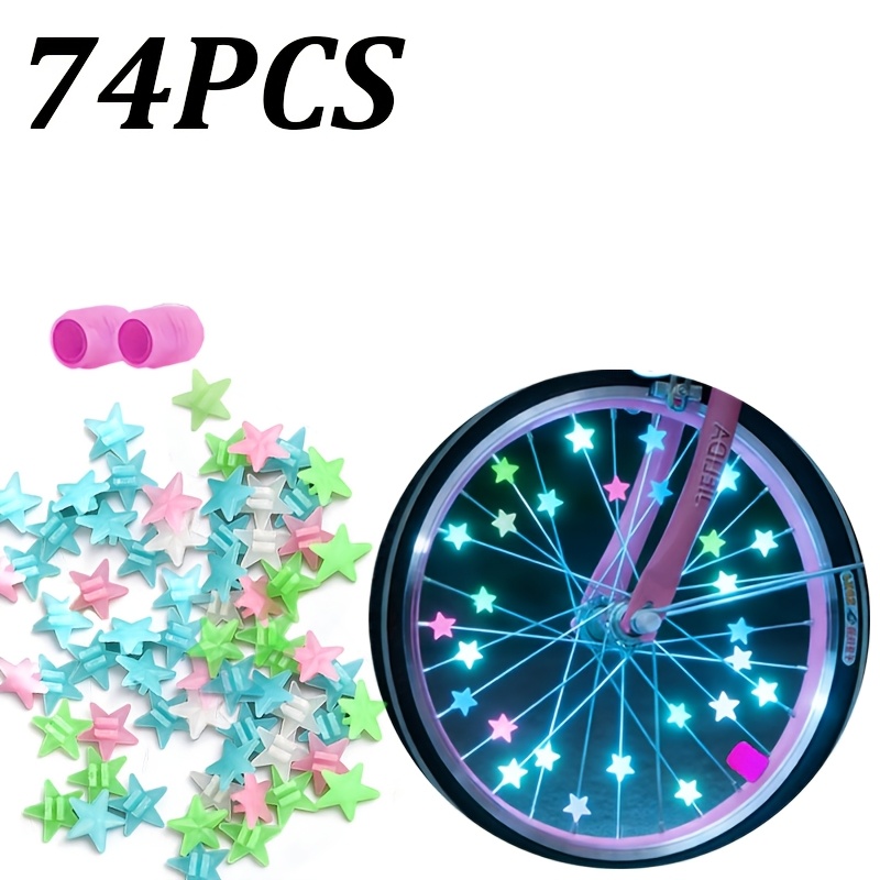 TEMU 74pcs Kit For Bicycle Spoke Decorations That Glow In The Dark: Includes Luminous Star Beads And Valve Caps, Perfect Additions For Night Cycling