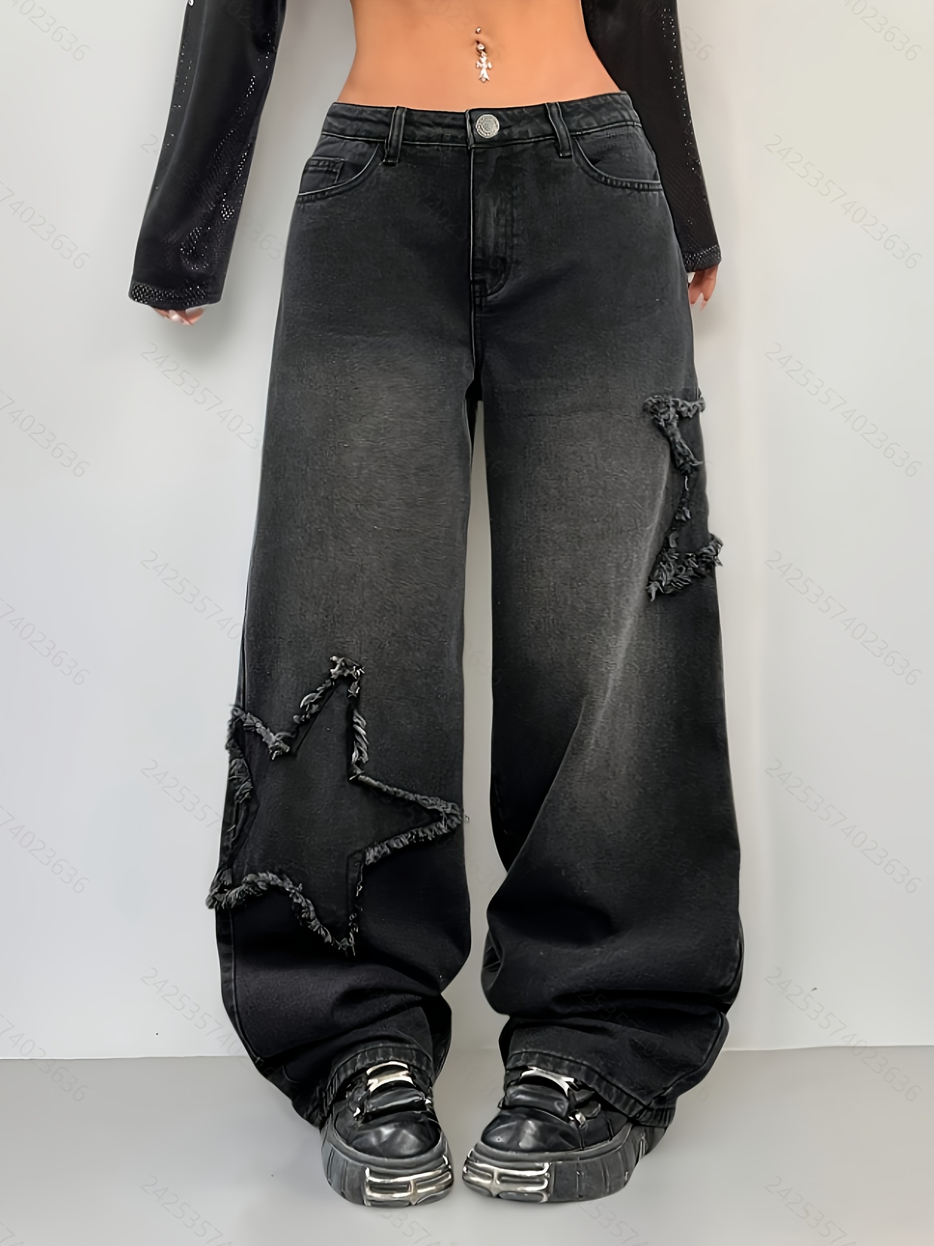 Women’s Vintage Distressed Wide-Leg Jeans – Retro Washed Black Baggy Trousers