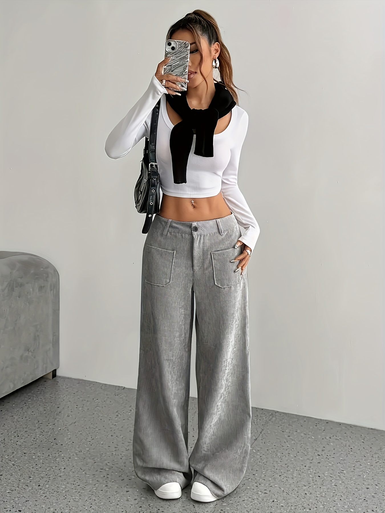 womens elegant straight leg casual pants light grey season - Temu