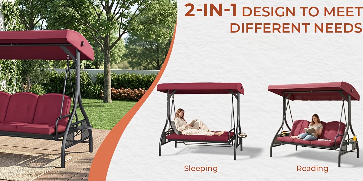 3-Seat Outdoor Porch Swing with Stand, Convertible Porch Swing Bed with Adjustable Canopy for Adults, Patio Swing Chair with Thickened Cushions for Yard Garden Deck 750LBS