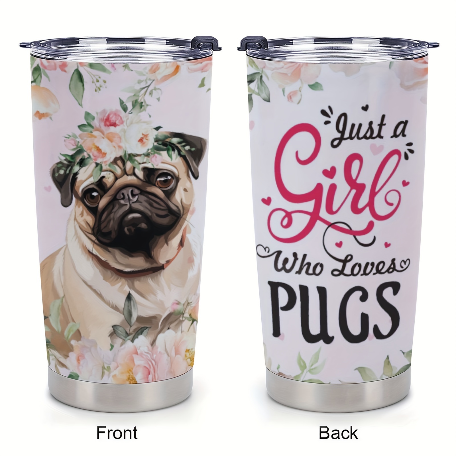 

20oz Pugs Stainless Steel Tumbler With Lid & Straw - Insulated Water Bottle For All Seasons, Perfect For Outdoor Adventures, Great Christmas Or Valentine's Day Gift