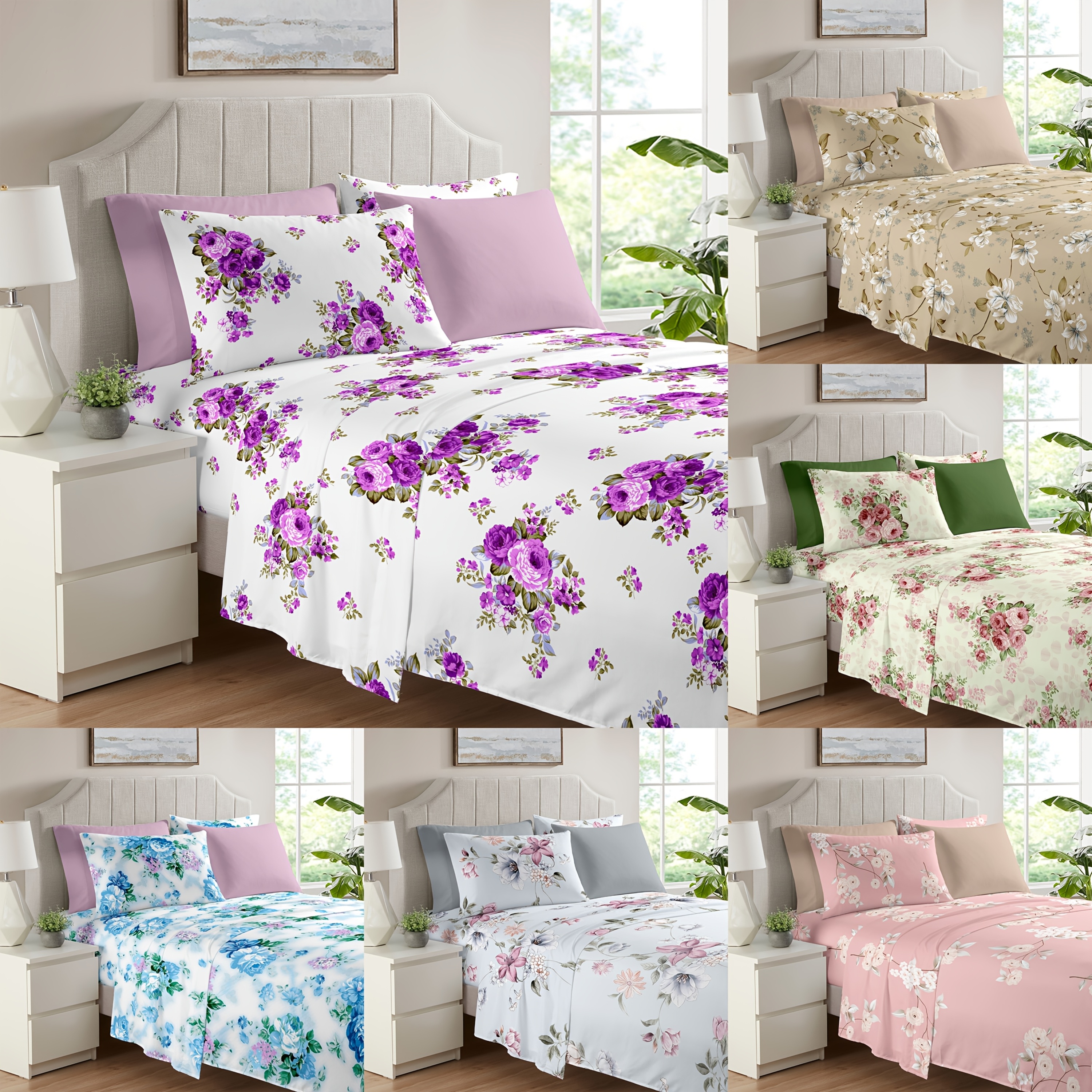 

4/6pcs Flower Printed Microfiber Bed Sheet Set 1/ Pillowcases + 1/2 Printed Pillowcases + 1pc Flat Sheet + 1pc Fitted Sheet(deep Pocket 35cm/13.77inch) Suit For Bedroom Hotel For All Season