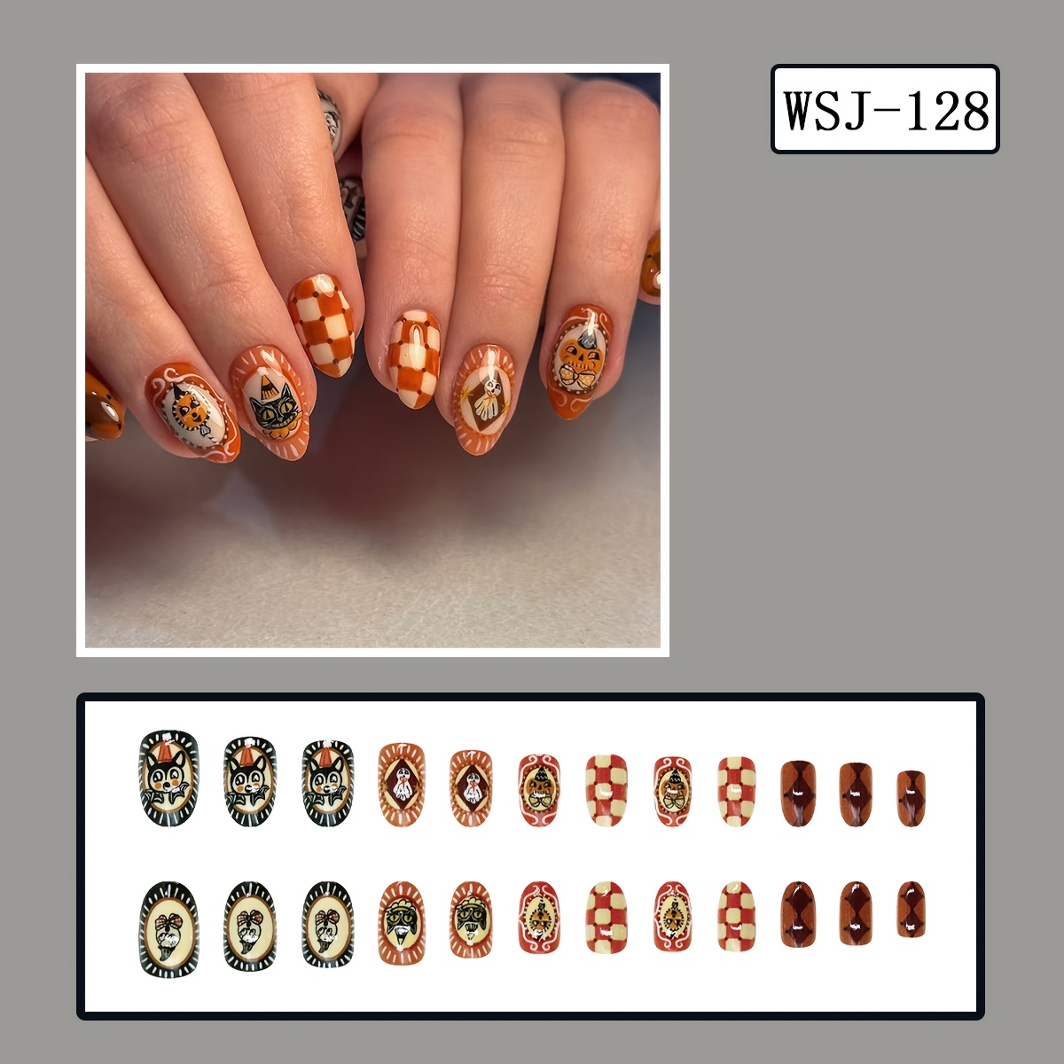 TEMU Look, 24pcs Short Oval Full Coverage Glossy Fake Nails, Black Orange Dopamine Cartoon Mini Cute Bat Pumpkin Decorative Nail Surface, Halloween