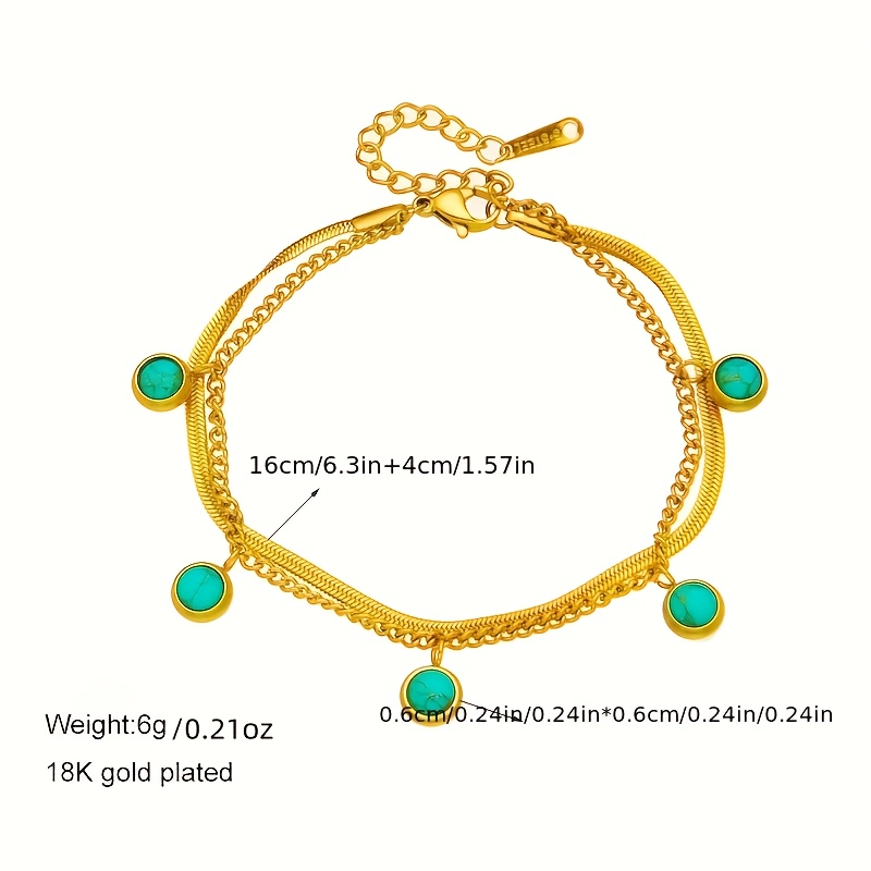 Boho Style Double Layer Turquoise Pendant Bracelet with Stainless Steel Chain
