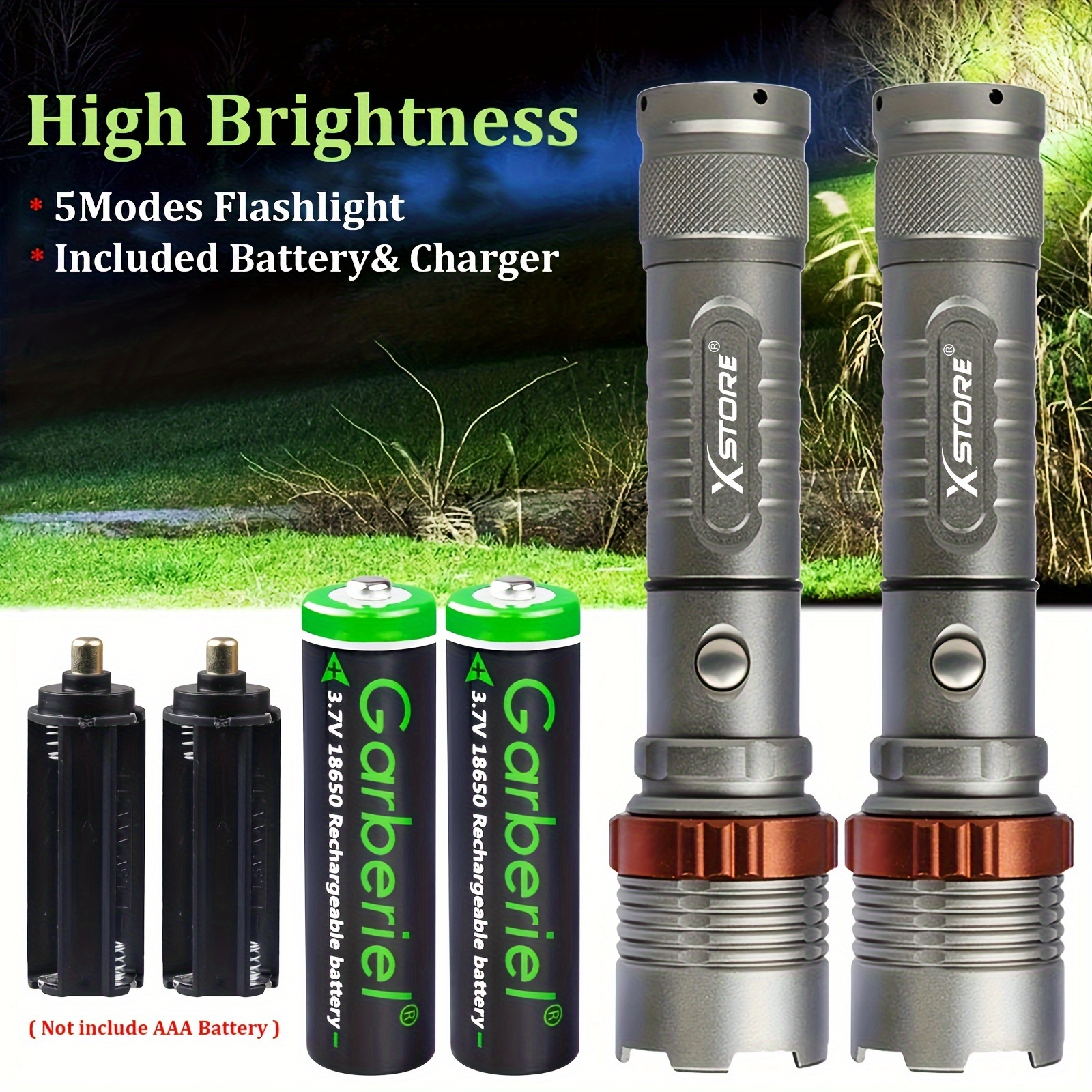 

2 Packs Bright Rechargeable Led Flashlight, 5 Modes Waterproof Zoom Torch With18650 Battery And Charger For Emergencies, Mountaineering, Camping, Hiking