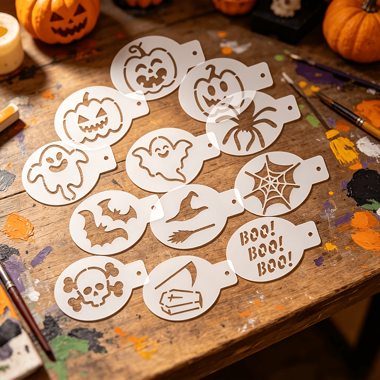 TEMU Ein Set aus 12 Halloween-Gesichts- und Bastel-Schablonen - Wiederverwendbare Malvorlagen, inklusive Kürbis, Boo, Fledermaus, Spinnennetz und
