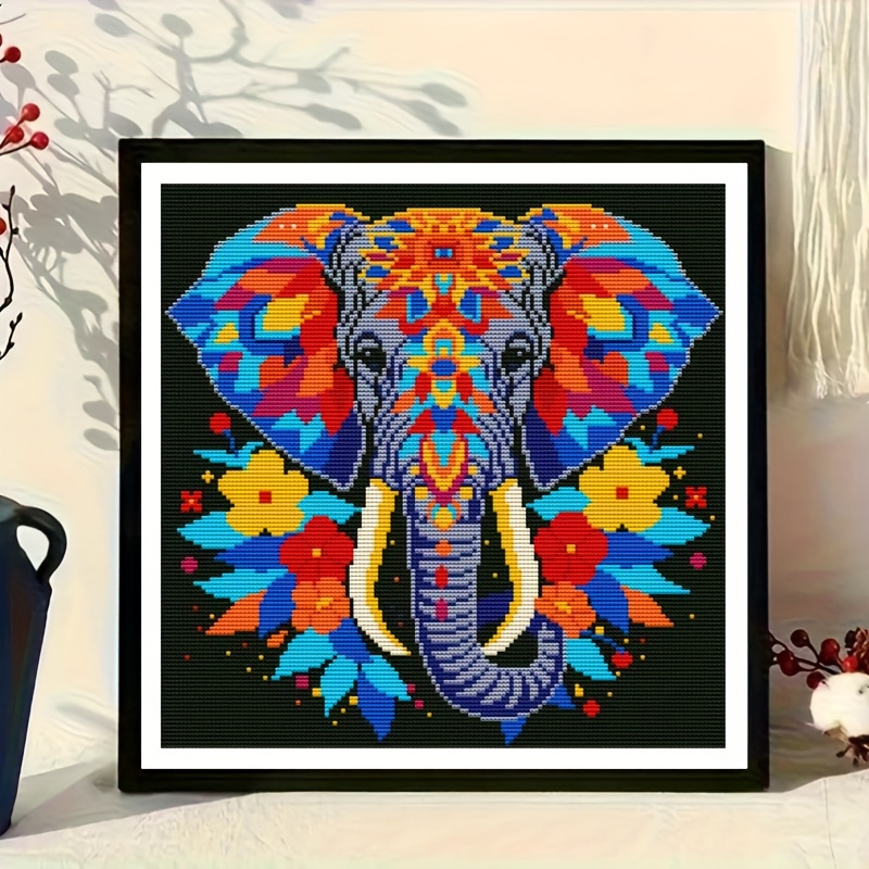 TEMU Kit de point de croix avec grand motif d'éléphant coloré, grille moyenne 11CT, fil à , broderie à , décoration intérieure/cadeau d'anniversaire
