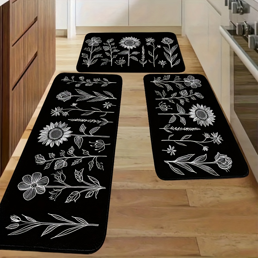 

2/3pcs Set Black And Floral Kitchen Rugs, Non-slip Lightweight Polyester Mats, Machine Washable, Farmhouse Decor, Comfortable Standing Office Mat (40x60cm/50x80cm/45x120cm)