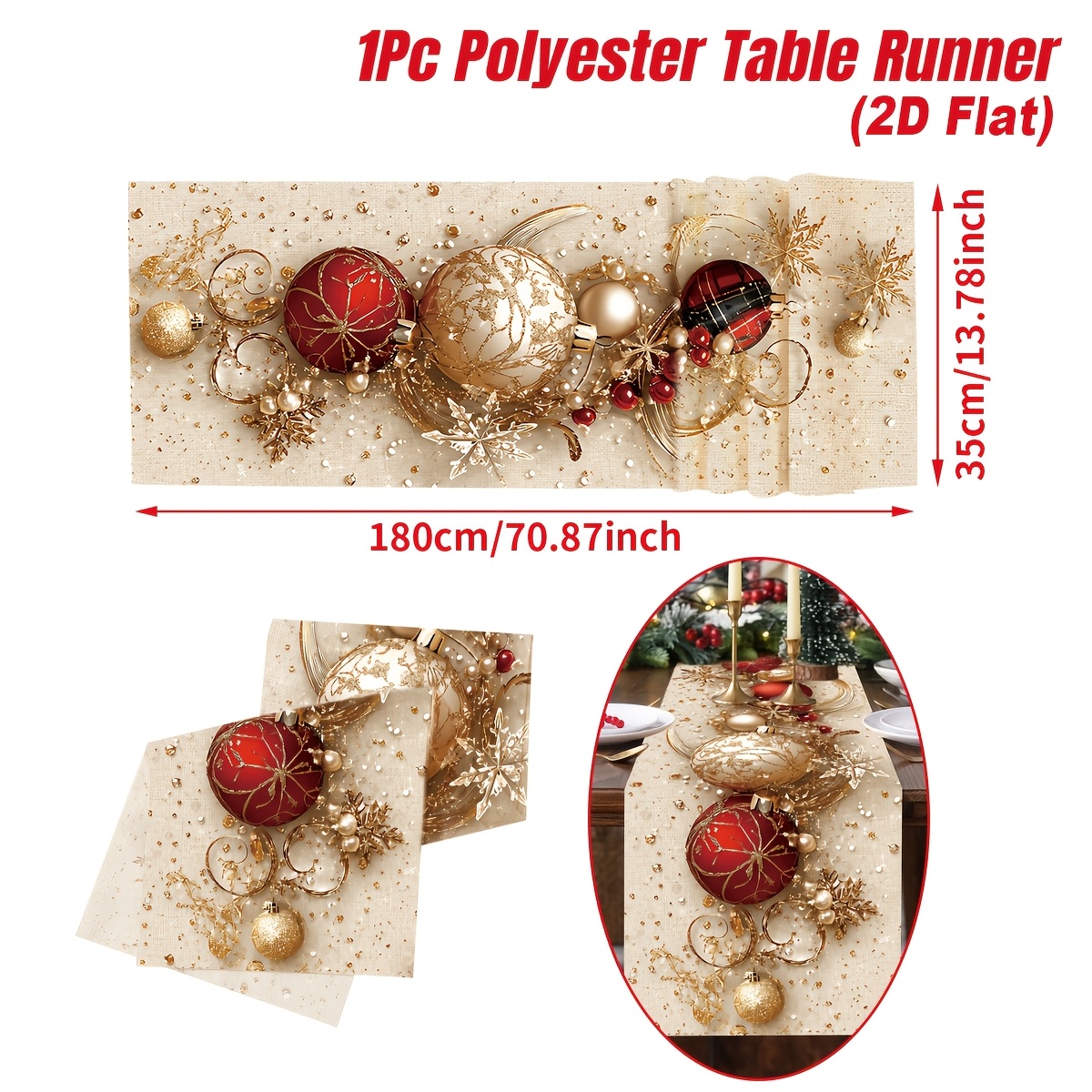 TEMU 1 Pack Christmas Party Tablecloth, Golden And Ball Pattern Table Runner, Dining Table Decoration, Christmas Party Decoration, Table Decoration,