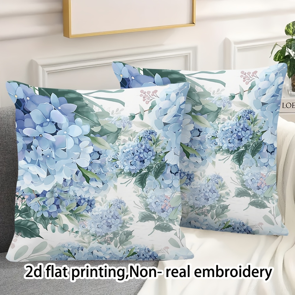 TEMU 2pcs Ultra Soft Printed Throw Pillow Covers With Blue Hydrangea & Green Leaf Pattern, Decor Cushion Cases Office & Cafe, Inserts Not Included