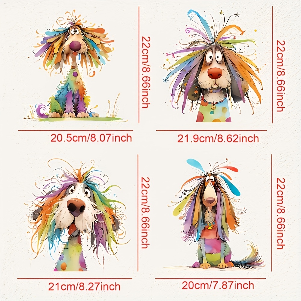 TEMU 4 autocollants thermocollants colorés de chiens cartoon pour vêtements DIY, t-shirts, sacs en toile et coussins - Designs et originaux