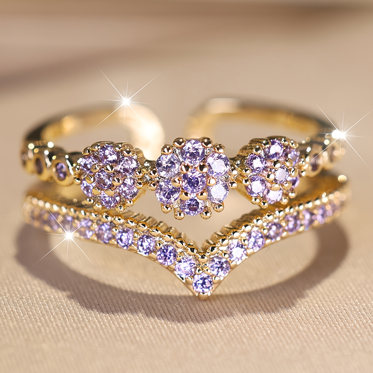   a double layer v shaped purple synthetic zirconia opening ring womens fashion versatile ring suitable for parties weddings and daily wear details 1