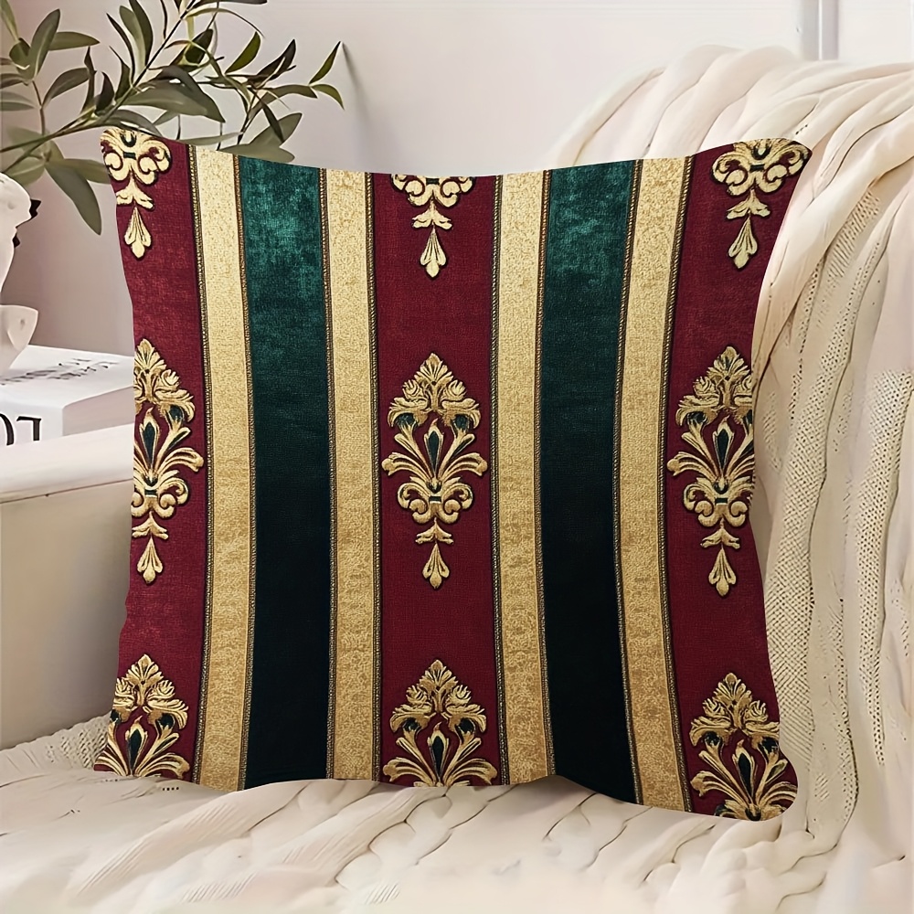 TEMU 1pc, Short Pillowcase, Burgundy And Emerald Stripes Pillow Covers, Double-sided Printing, 18inch*18inch, Suitable For Sofa, Living Room, Bedroom