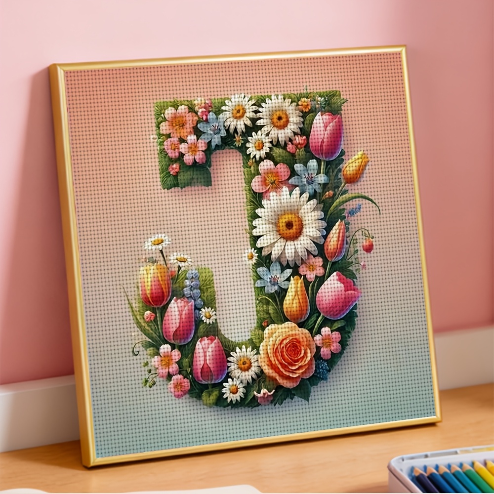 Frameless Stitch Printing Kit, Floral Composition of Letter J