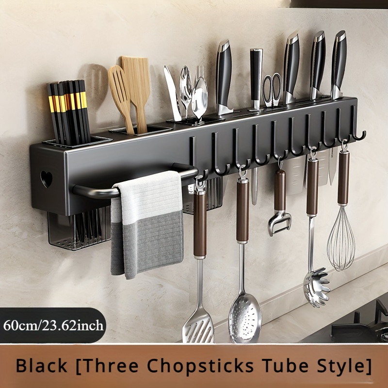 

Multi-functional Kitchen Utensil Rack With Knife Holder, Hanging Cutlery Organizer With Hooks And Chopstick Tubes, Wall-mounted Durable Tool Storage For Knives & Kitchen Gadgets