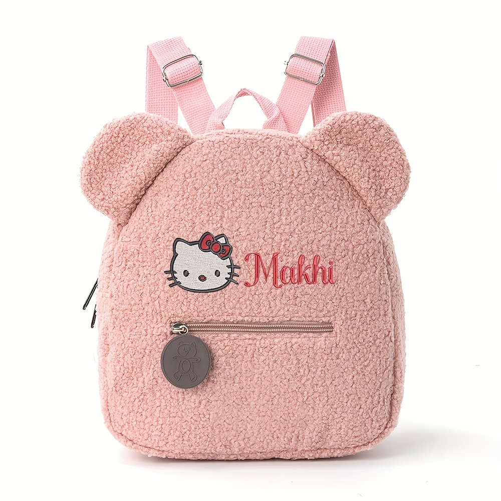 E-shop Rucksack mit individuellem Namensstickerei, Hello Kitty Stickerei Cartoon Muster, Outdoor Reisetasche, Plüsch Cartoon Rucksack Handtasche