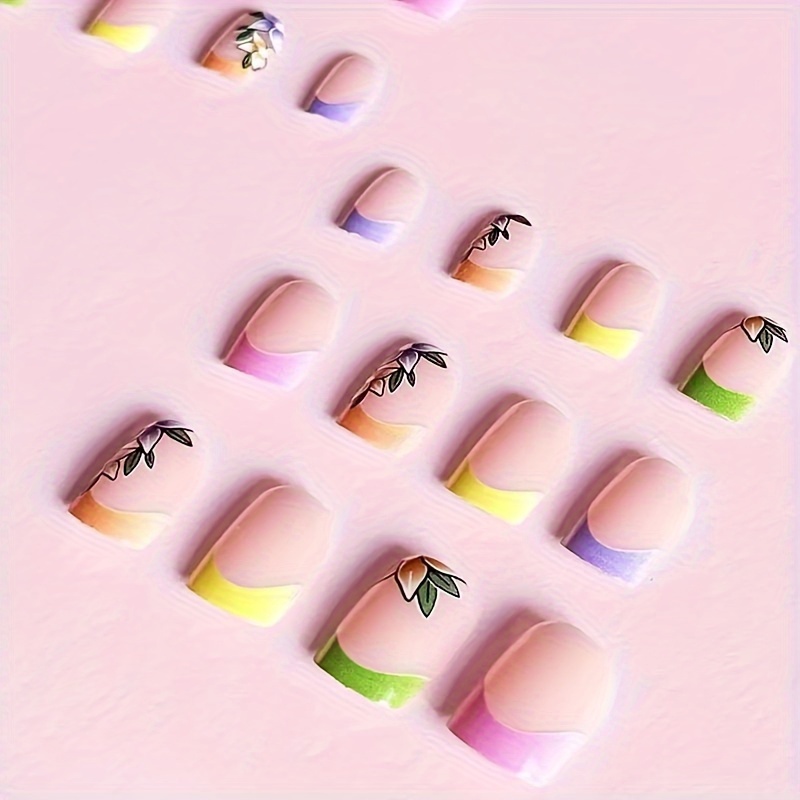 24pcs box glossy short square fake nails colorful french tip press on nails flower pattern spring summer false nails for women details 3