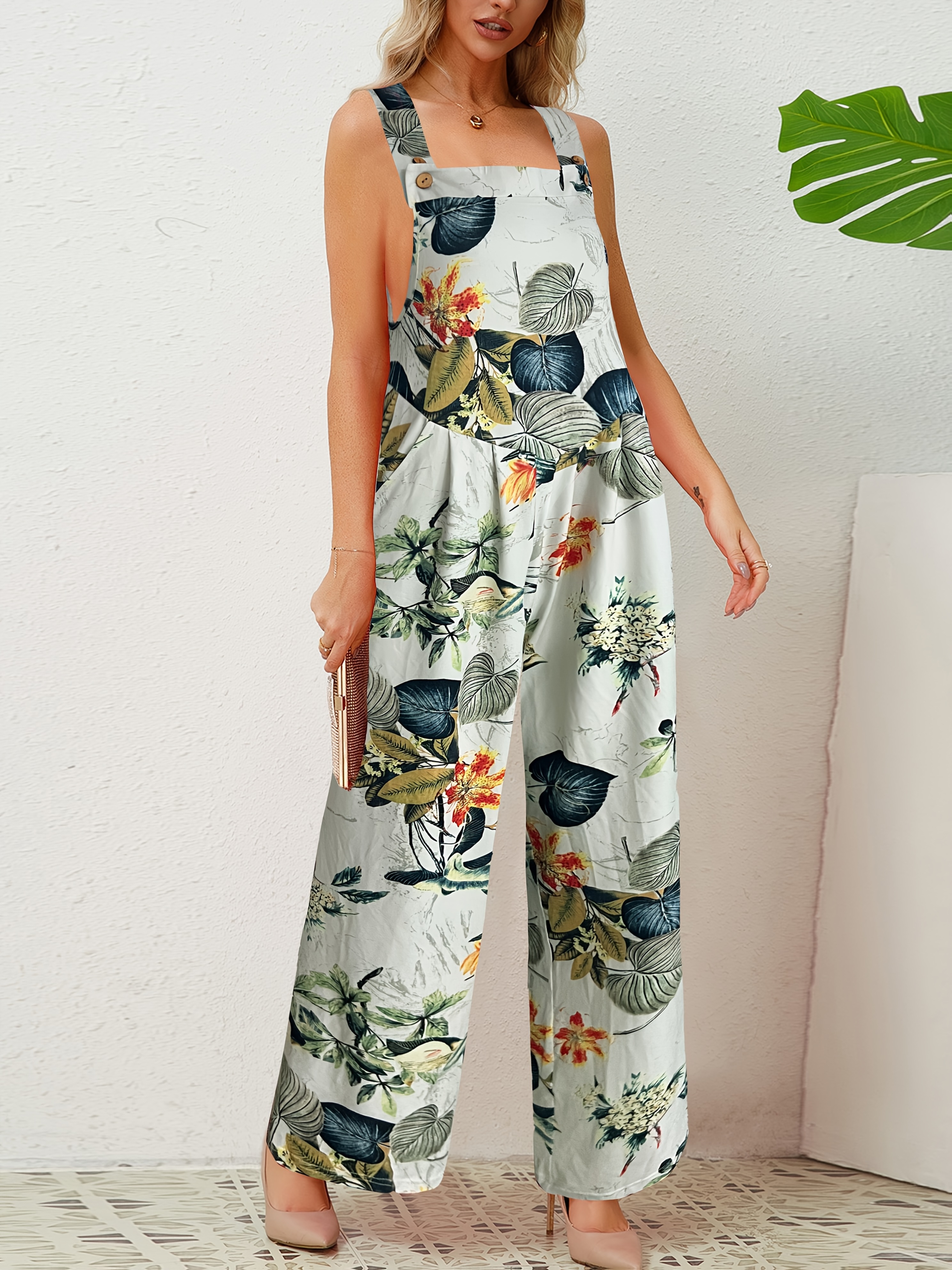 Print Pattern and Button Detail, Casual Weekend Wear, Romper Jumpsuit for Women, Loose Fit Straight Leg Overalls with Print Pattern and Button Detail, Casual Weekend Wear, Romper Jumpsuit